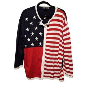 Terazzo American Flag Cardigan Sweater 2X Navy Red White Ramie Cotton Festival